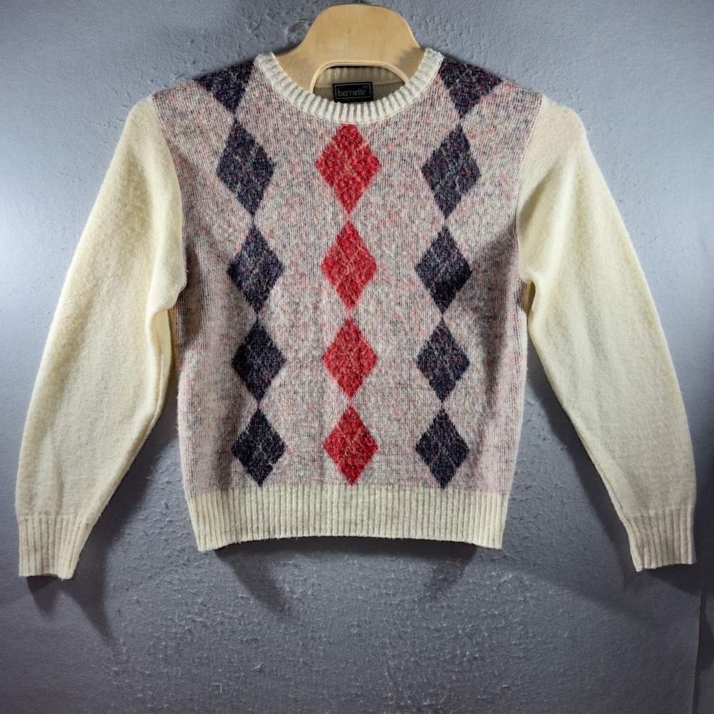 3058 |Vintage 80s Bernette Argyle Sweater Wool Blend Made in USA Men Grandpacore